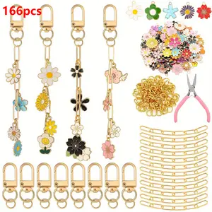 166pcs DIY Keychain Making Kit Charm Jewelry Chain Making Crafts with Charms Keychain Clips Jump Rings Extender Chain and Plier for Women Bag Gift(Flower)