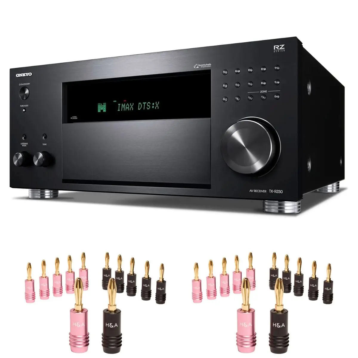 Onkyo TX-RZ50 9.2-Channel 8K/4K Network AV Receiver, 250W Per Channel at 6 Ohms + H&A Speaker Connector Banana Plugs, 12 Pairs