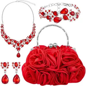 Exquisite Set for Various Occasions: Red Rhinestone Clutch Purse, Statement Necklace, Earrings, and Bracelet for Women's Formal Events, Wedding, Cocktail Party, Evening Party, and Formal Dinner