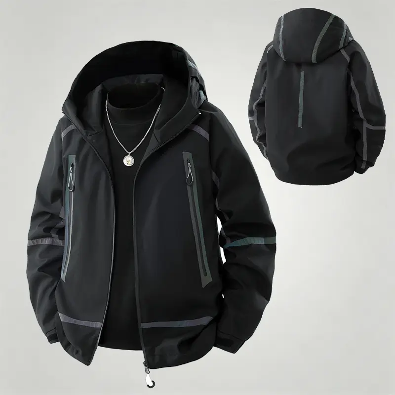 Mens Hooded Windproof Jacket Reflective Strip Detail Zipper Side Pockets Adjustable Cuff Night Safety Techwear Casual Street Ski Hiking Coat
