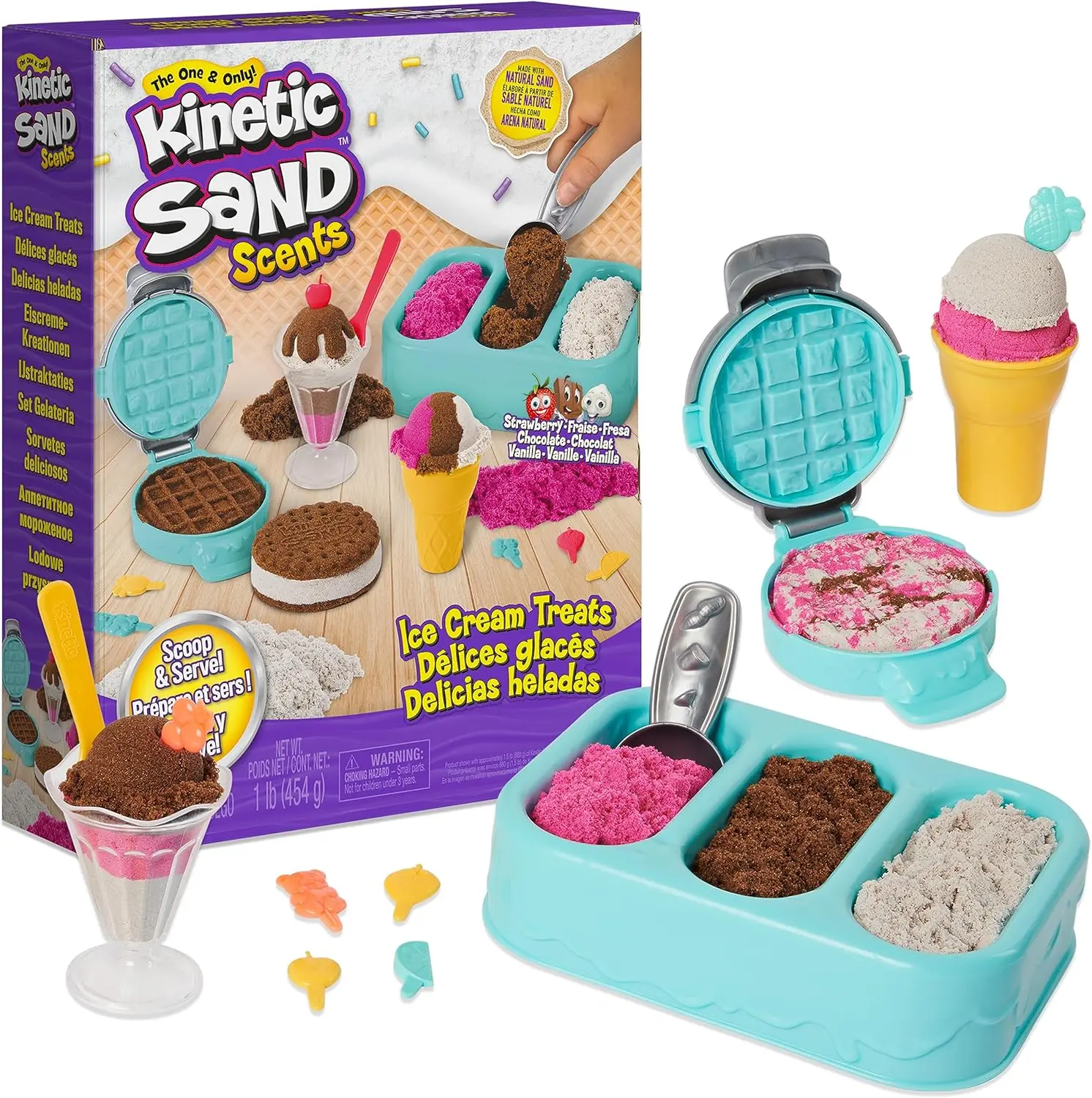 Kids' Scented Vanilla Kinetic Sand Ice Cream Playset - Sand Scoop Set, 3 Moldable Colors, 6 Tools, Calming Texture, Creative Play, Easter Basket Stuffer, Sensory Educational Arts & Crafts Toys