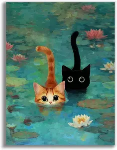 Cat Stamped Cross Stitch Kits for Adults,Pond Cat Patterns Dimensions Needlepoint Art Crafts,Counted Cross Stitch Kits Embroidery Kits for Beginners Adults for Home Decor 11.8x15.8 inch