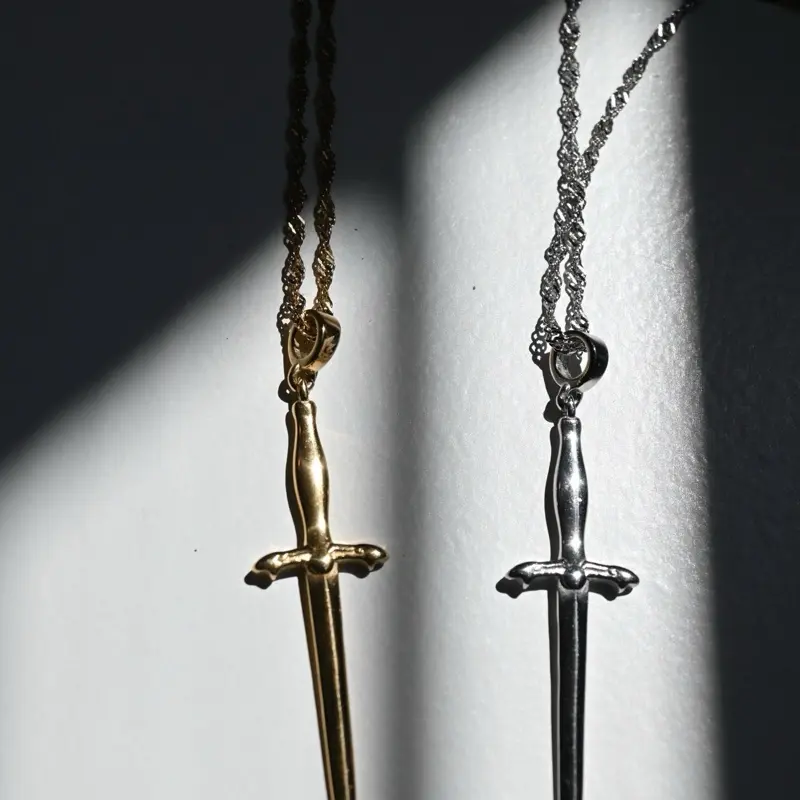 Hex Appeal Waterproof Dagger Necklace Kali Hecate Magic Transformation Statement Jewelry Spiritual Protection Power Sword 14k Gold and White Gold Stainless Steel