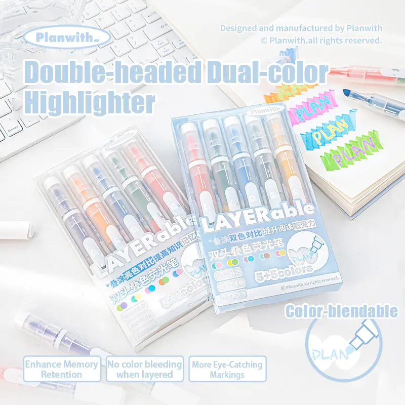 Dual-Head Color-Stacked Highlighters - High Appearance Level Student-Focused Markers for Office Stationery Note-Taking and Marking