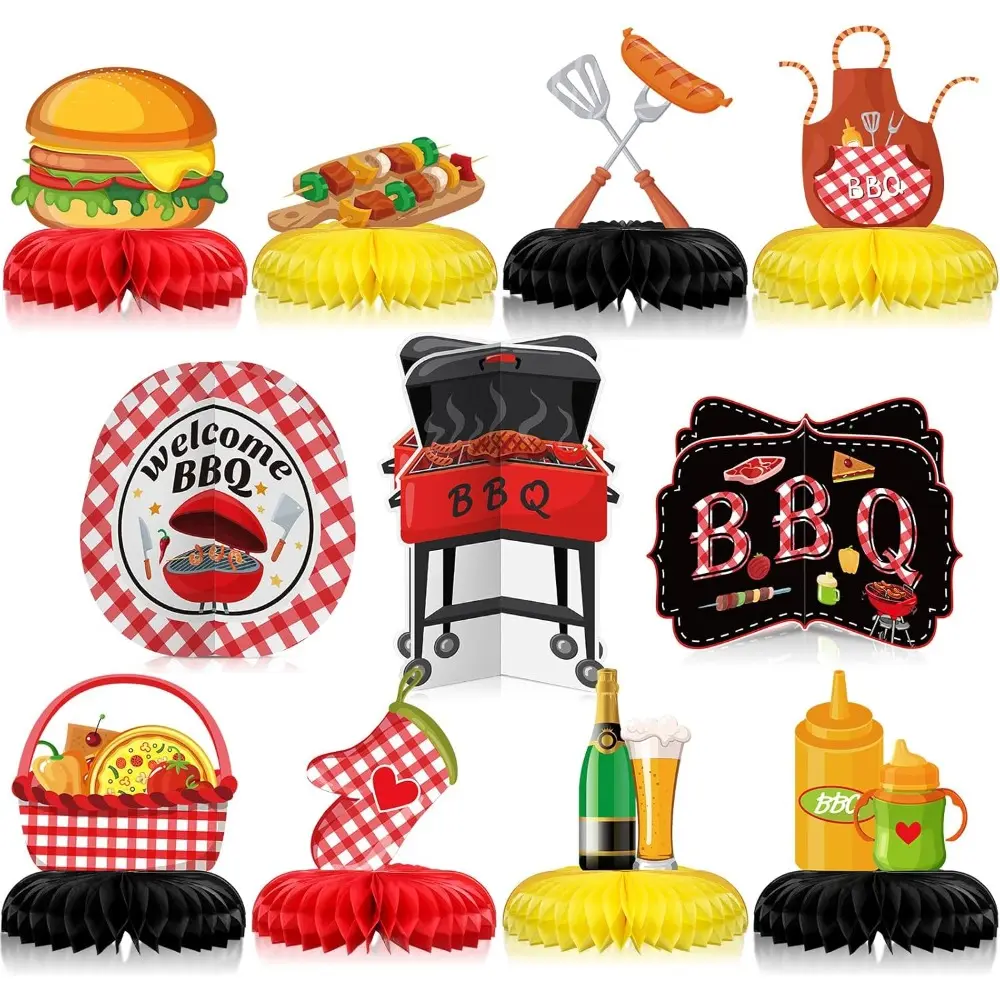 11-Piece Checkered Waterproof Double-Sided BBQ Party Table Decorations - Kitchen & Tableware Supplies with Aprons, Fade Resistant for Summer Barbecue, BBQ Themed Birthday Party, Beers Events