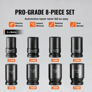VEVOR 1" Drive Impact Sockets Set, 8pcs CR-MO Metric Deep (27-41 mm), 6-Point Drive Bit Ratchet Tool Kit Case