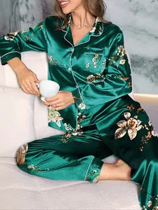 Elegant Women's Long Sleeve Floral Printed Lapel Pajama Set, Loungewear, Fitted Homeewear, All over Print, Casual Style, All Seasons