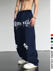 Men's Casual Sports Pants, Spider Web Print Drawstring Wide Leg Loose Fit, Letter Print Sweatpants, All Season Comfortable Men's Clothing for Daily Wear