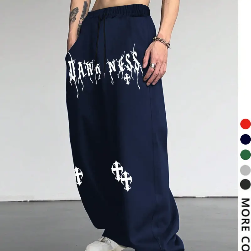 Men's Casual Sports Pants, Spider Web Print Drawstring Wide Leg Loose Fit, Letter Print Sweatpants, Casual Comfy Sweatpants, All Season Comfortable Men's Clothing for Daily Wear, Casual Sweatpants Style