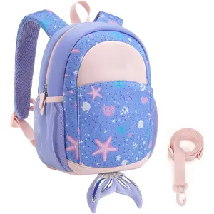 X-CBP36  Toddler Backpack for Girls 2-4 Neoprene Backpack with Kids Leash, 3D Cartoon Preschool Kindergarten Bookbag for Pre-k, Mermaid