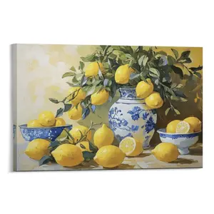 Vintage Lemon Still Life Canvas Print, Blue and White Porcelain Vase Oil Painting Wall Art, Decor for Living Room, Bedroom, Kitchen, Dining Room, Hallway, Office