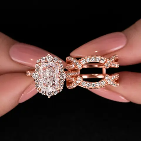 Maxine Vintage Non-tarnish Rose Gold Plated 925 Sterling Silver 3.0ct Radiant Cut Insert Engagement Ring Set,Travel-friendly Fashion Jewelry,Stunning Ring Set, Interchangeable Rings, Wedding Ring Set