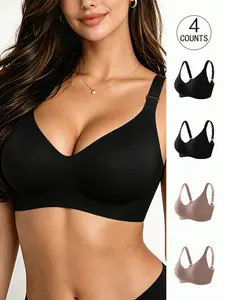 4 pack, 6 colors, women's seamless jelly underwear bra, four rows of three hooks, push-up and adjustable Straps sports vest, suitable for Everyday daily wear, parties, yoga, comfortable, breathable and skin-friendly, women's underwire-free bra
