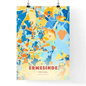 Colorful Ermesinde Portugal Blue Orange Fine Art Print Ermesinde Portugal City Map Customizable Poster Print Personalized Gift