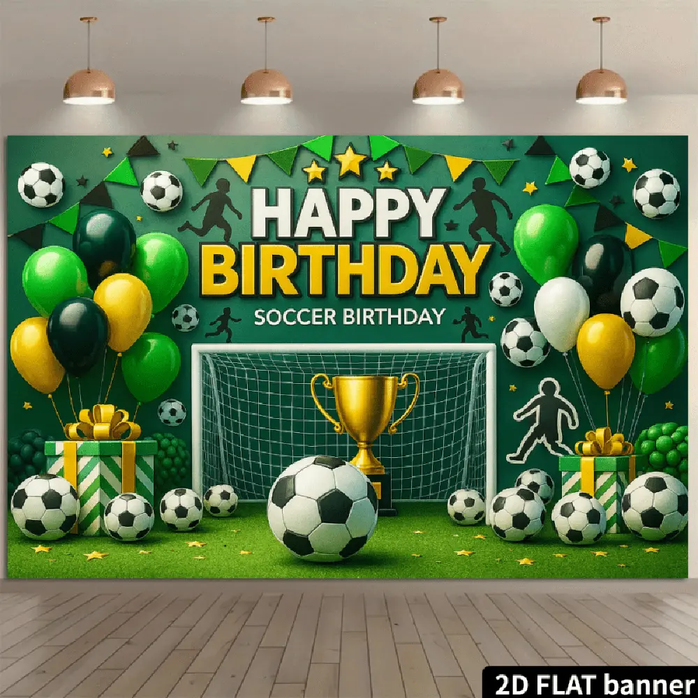 2D Flat Polyester Soccer Theme Birthday Party Backdrop - HD Digitally Printed Photography Cloth with Botanical Field, Soccer Goal, Trophy, Balloon Decor - Soft, Lightweight, Foldable for Party Decorations, Sports Events