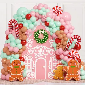 Christmas Balloons Arch Garland Kit, 150Pcs Pastel Pink Green Brown Red Balloons Candy Cane Gingerbread Cookies Foil Balloon For Birthday Baby Shower Party Decorations Supplies