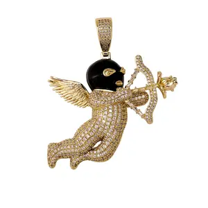 Cubic Zirconia Pendant Necklace, Hip-Hop Style Masked Rose Cupid Angel Design, Full Zircon Accents, Unisex Fashionable Jewelry Accessories, Trendy Fashionable Accessories