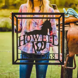 Personalized Horse Sign Aluminum Door Hanger Wall Fence Yard Sign Last Name & Date Established - Ranch/Stable Signs Choice of sizes -colors Decor Gift