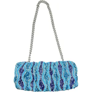 Blue Gathered Beaded Shoulder Bag