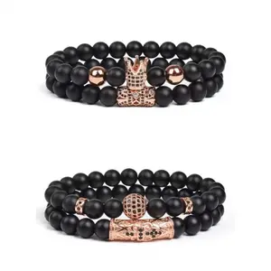Flash & Finesse Unisex Cool Black Onyx Bracelets - 4Pcs Crown King Matte Stone Set with Cubic Zirconia, Elastic Stretch Handmade Jewelry for Casual Occasions, Timeless Festival Gift