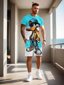 Men's Summer Gradient Patchwork Set, Cartoon Pattern Short Sleeve T-Shirt and Shorts, Breathable and Quick-Dry, Ideal for Outdoor Activities