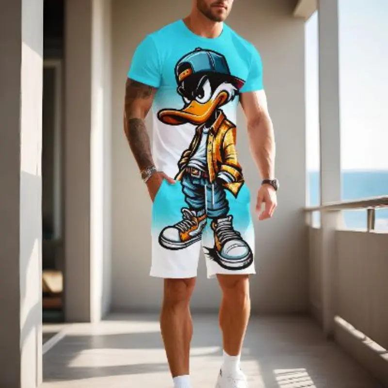 Men's Summer Casual Gradient Patchwork Cartoon-Print Short-Sleeve T-Shirt and Shorts Set, Breathable Quick-Dry Outfit for Outdoor Activities, Casual Matching Sets