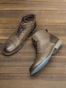 Men's Vintage PU Work Boots, Business Casual Style, Lace-Up Design, Side Zipper, Anti-Slip Rubber Sole, All-Season Wear, Workboots