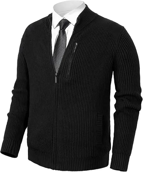 Pioneer Camp Men's Cardigan Sweaters Full Zip Up Stand Collar Slim Fit Casual Knitted Sweater with 2 Front Pockets