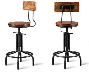 Set of 2 Industrial Bar Stool-Adjustable Height Swivel Farmhouse Kitchen Dining Breakfast Bar Chair-Cast Iron-18-22Inch Counter Bar Seat Height -with Backrest home bar
