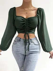 Women's Plain Polyester Sweetheart Neck Drawstring Front Ruched Crop Fitted Blouse, Shirts, Chic Elegant Contrast Mesh Long Sleeve Bishop Sleeve Top for Spring & Fall, Ladies Clothes for Casual Daily Vacation Outdoor Valentine's Day, Womenswear