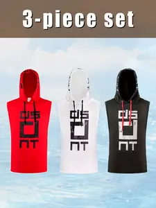 3 Men's Sports Hooded Vests Muscle-Fitting Gym T-Shirts Sleeveless Workout Hoodies Spring Summer Wear Letter Prints Casual Tops Athletic Shirts Set