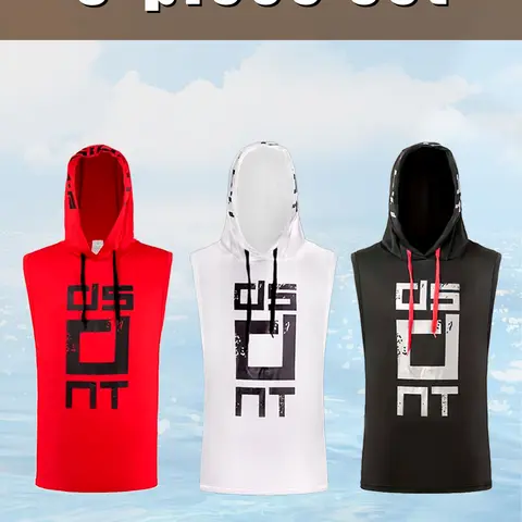 Men's 3-Piece Letter-Print Hooded Sleeveless Tank Tops - High-Stretch, Quick-Drying, Breathable Gym Tops for Basketball, Running - Casual Sport Activewear for Spring Summer Outdoor Use