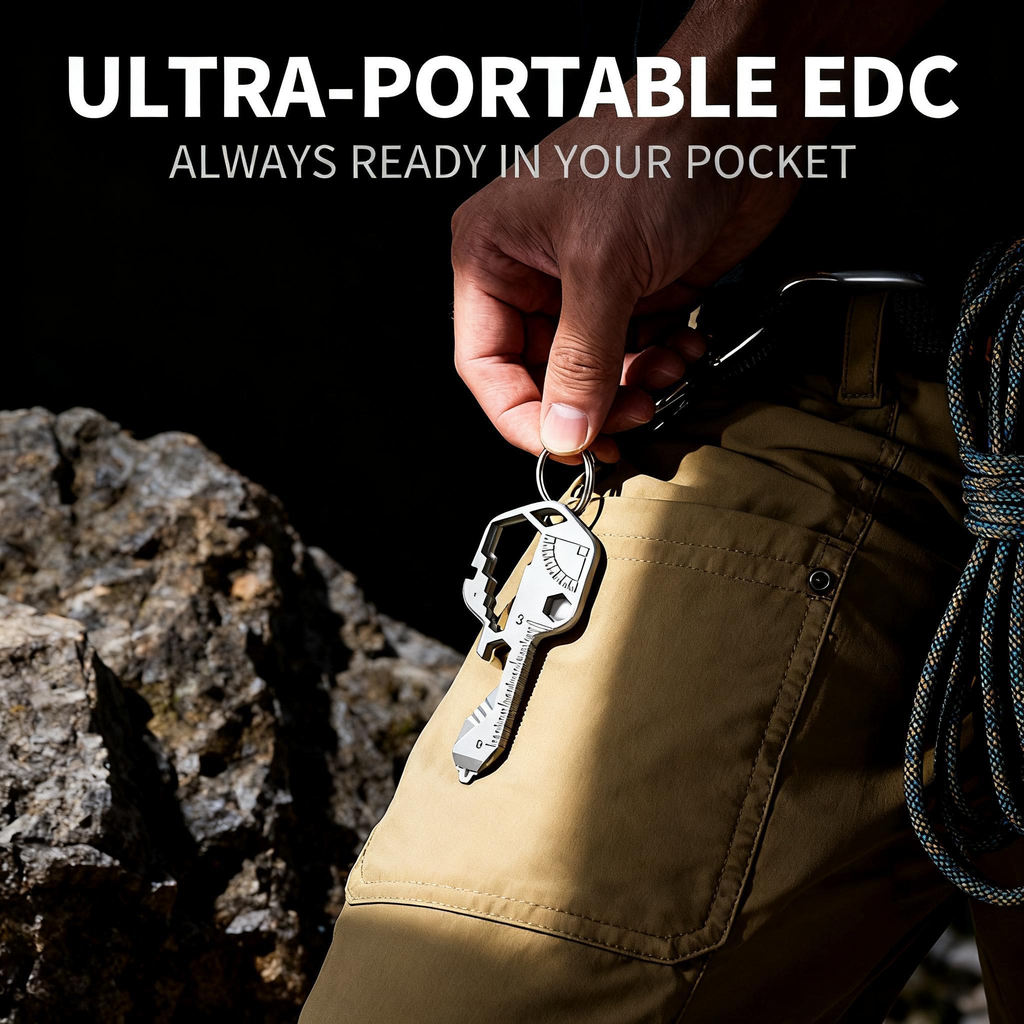 Key Shaped, Pocket Multi-Tool, 16-in-1, Small Utility Kit, Lightweight Stainless Steel, EDC Gear, Portable, Durable, Ultimate Survival Tool, Camping Essentials, Gift for Men