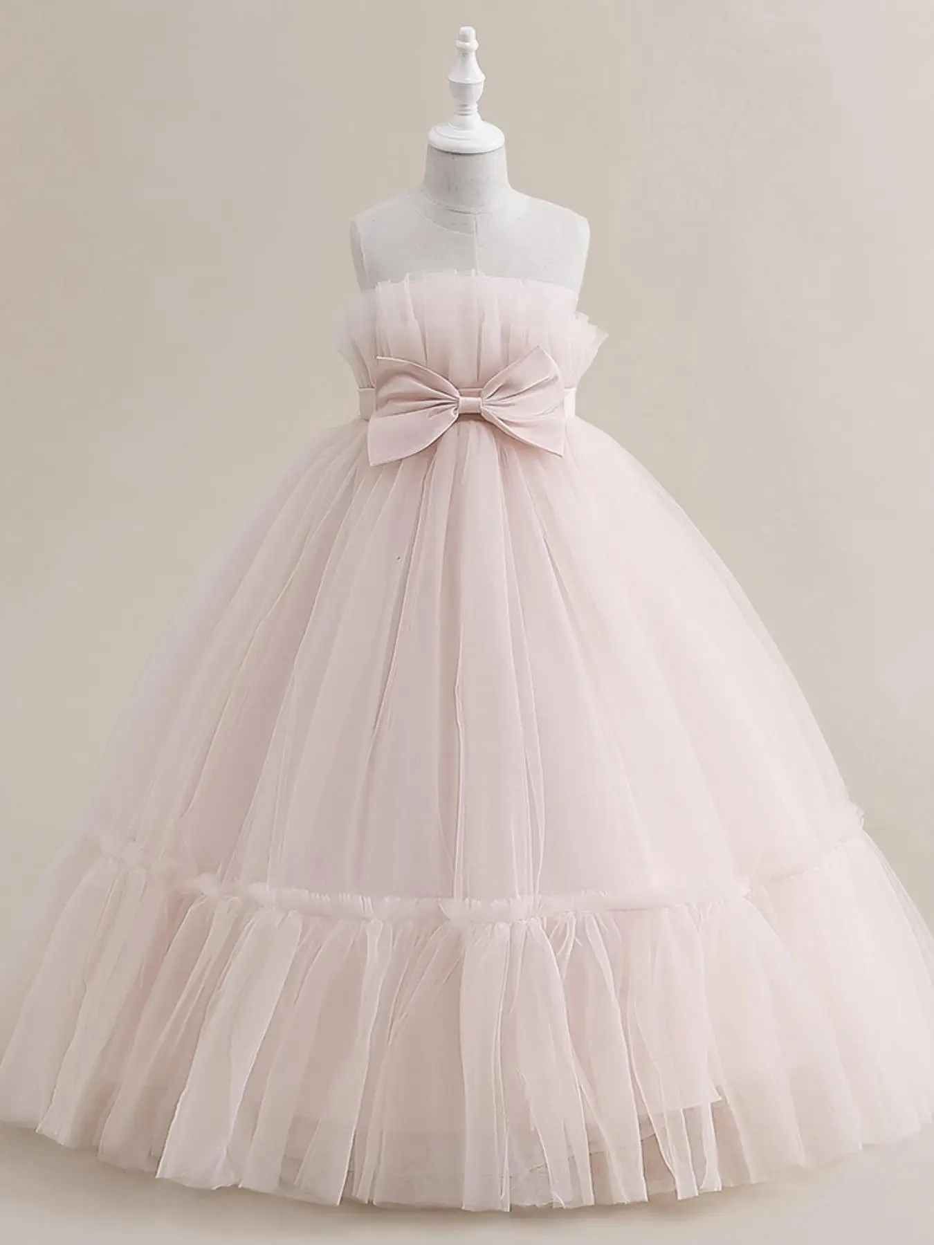 Girl's Plain Bow Front Ruffle Hem Tulle Party Dress