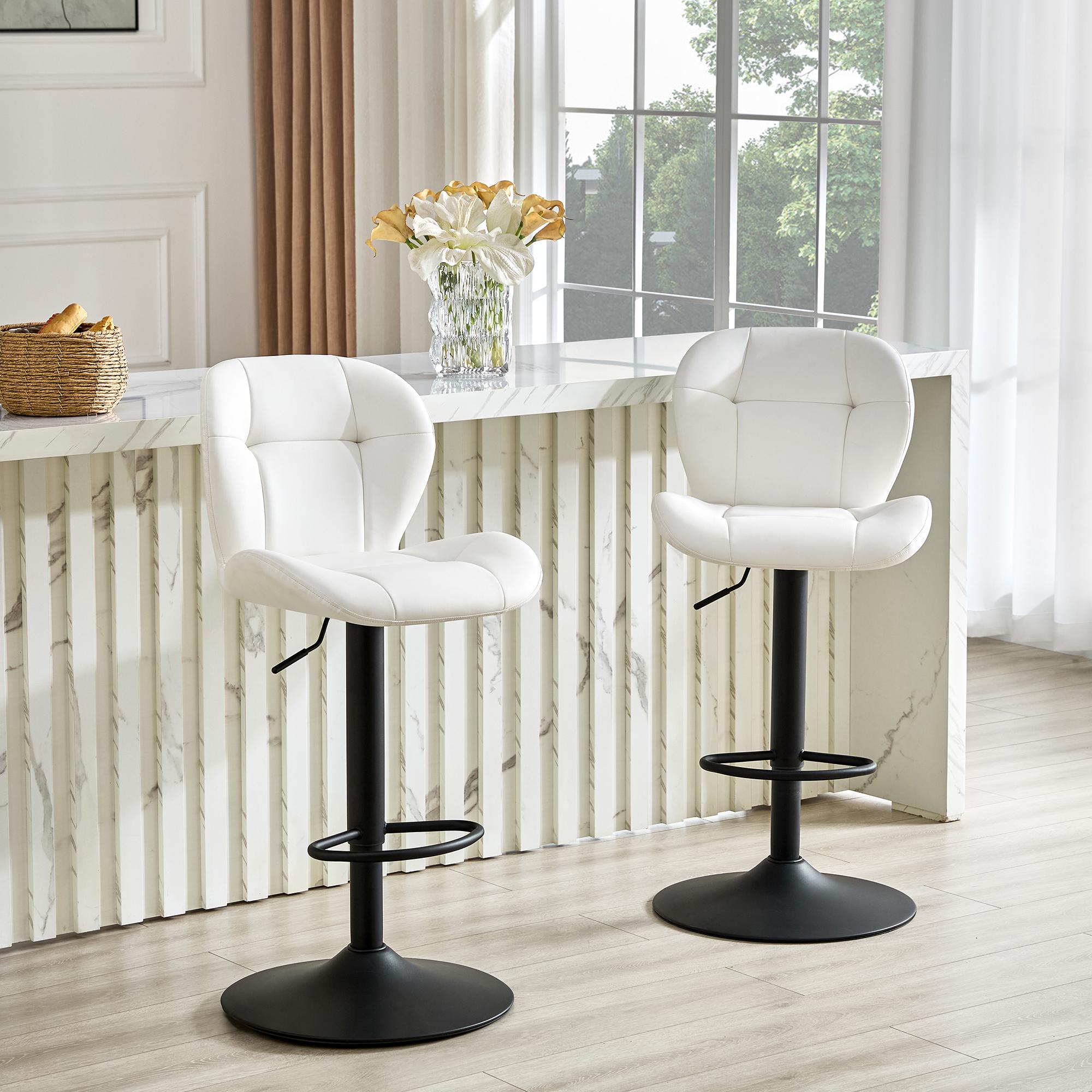 Set of 2 Adjustable Bar Stools, PU Upholstered Tufted Backrest Chairs with Chrome Footrest for Kitchen Island Pub Bar, White