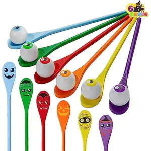 Halloween Egg and Spoon Race Game Set; 6 Eyeballs and Spoons with Assorted Colors for Kids Adults Halloween Outdoor Fun Games, Party Favor Supplies, Classroom Activities