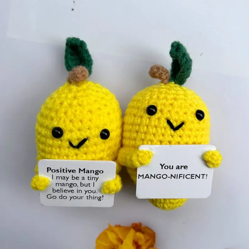 Positive Crochet Mango with Encouragement Card | Handmade Emotional Support Fruit Plush | Cute Desk Decor | Funny Gift