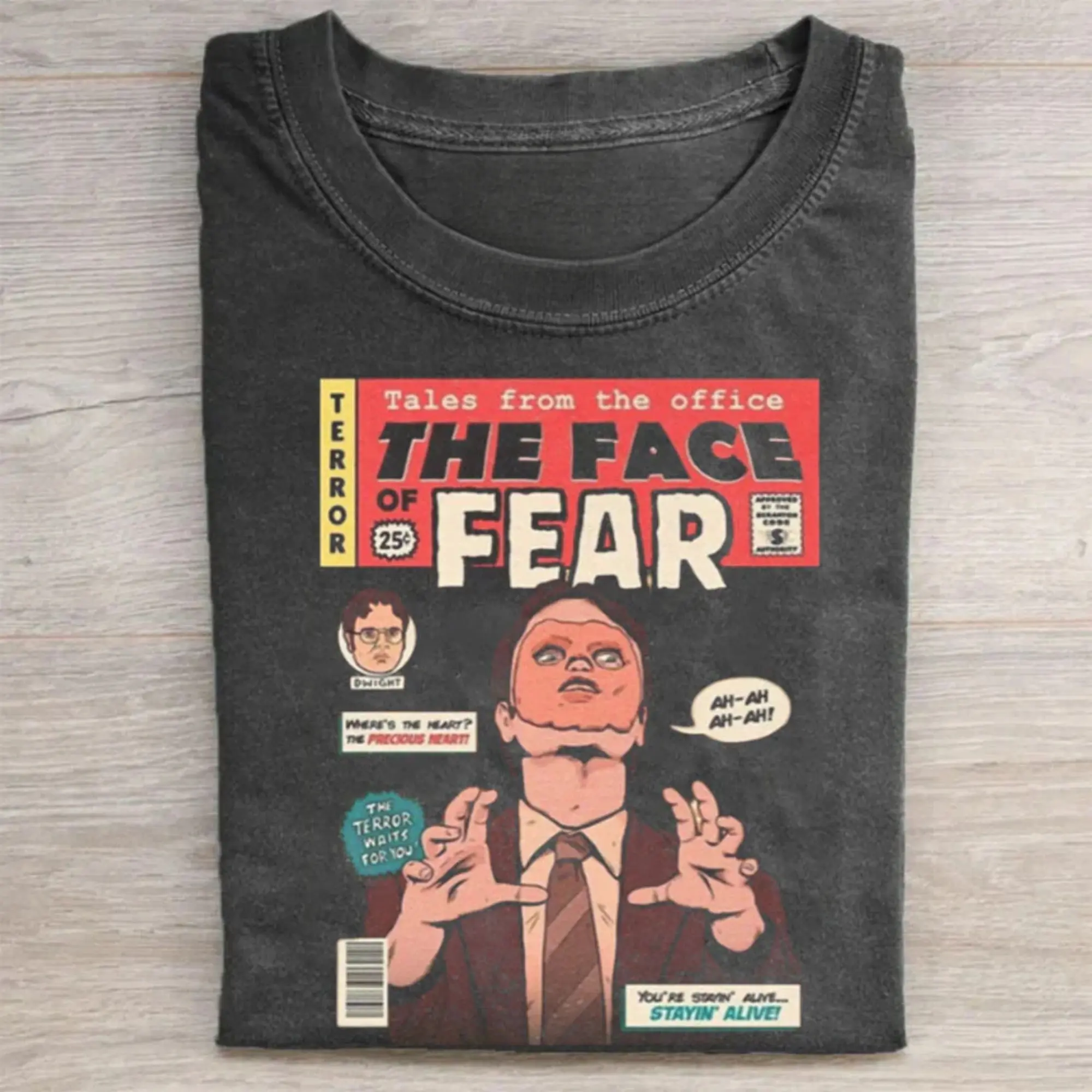 Vintage The Office Tales From The Office Comic Book T-Shirt - Dwight Schrute Face of Fear Graphic Tee, Funny TV Show Humor Shirt, 90s Pop Culture Shirt, Fitted Shortleeve T-Shirt, Men's Black Round Neck Menswear, Gift for Men