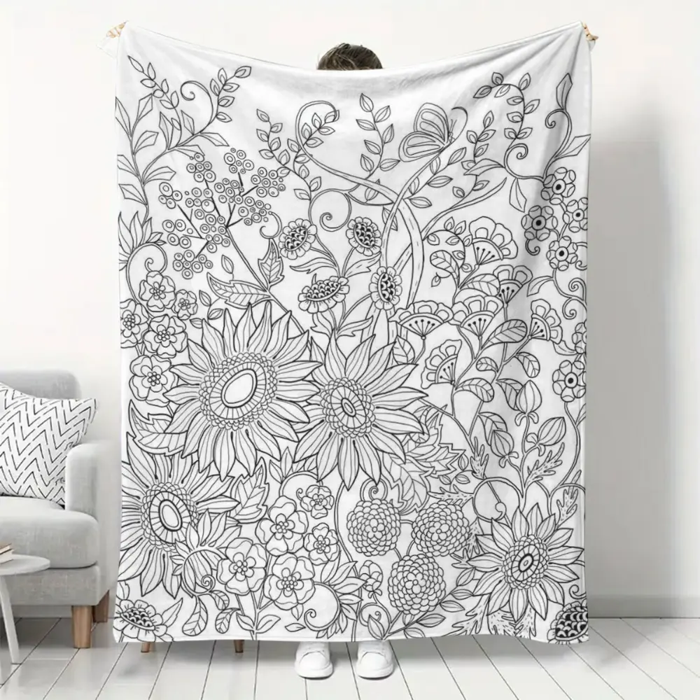 Sunflower Floral Coloring Book Style Blanket, Soft Flannel Throw Blanket with Black White Wildflower Garden Print, Cozy Gift for Women Girls Teens and Art Lovers, Cute Botanical Room Decor for Bed Couch Sofa Dorm, Lightweight Warm Blanket for Movie Night