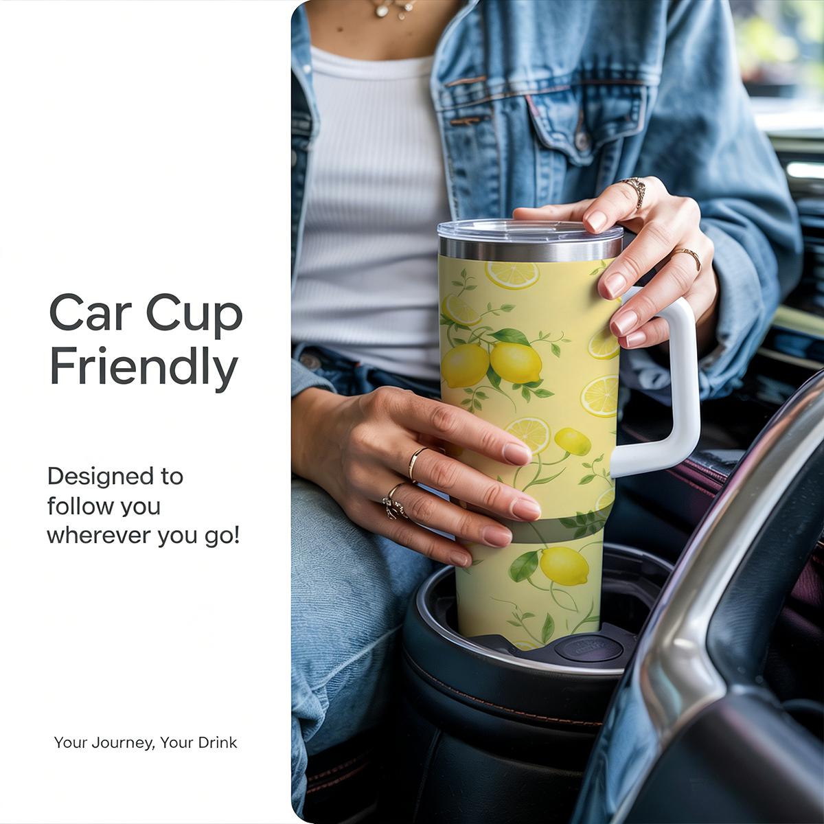 30 oz Zesty Lemon Insulated Tumbler, Sunny Yellow Travel Mug with Vintage Citrus Fruit Print, Comfort Handle & Straw, Summer Vibe Aesthetic Water Bottle, Perfect Gift for Sun Seekers