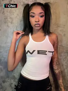 Women's Letter Print Round Neck Knitted Tank Top, Casual Streetwear Sleeveless Cropped Top Fit for Summer, Ladies Teen Girls Womenswear Clothes for Daily Wear