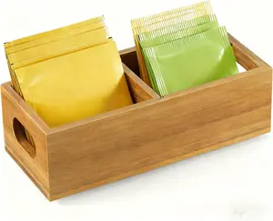 Tea Bag Organizer, Acacia Wood Tea Bag Holder, Extra Wide Compartments for Tea Bags, 2 Slots Tea Caddy, Tea Organizers Storage for Countertop & Drawer Storage