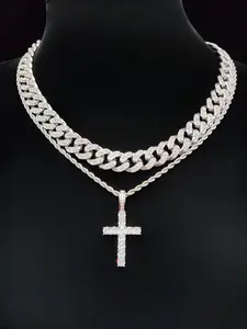 Artificial Zircon Decorated Cross Pendant Necklace & Cuban Link Chain Necklace, Fashion Jewelry for Party, Daily Clothing Decor, Trendy All-match & Exquisite Jewelry for Birthday Gift