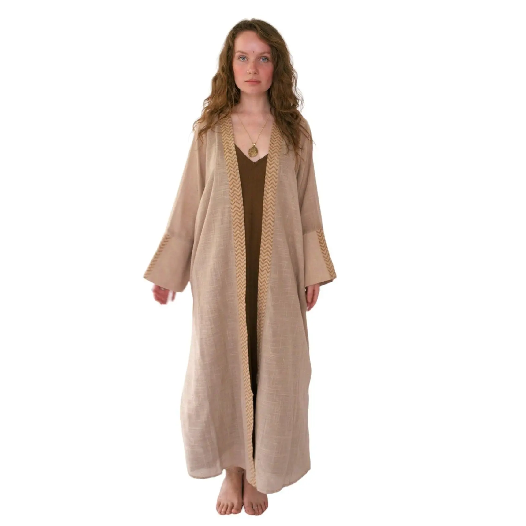 Linen Long Kimono Dusty Rose Bohemian Style Summer Autumn Plain Cotton Breathable Womenswear Beach Festival Elegance