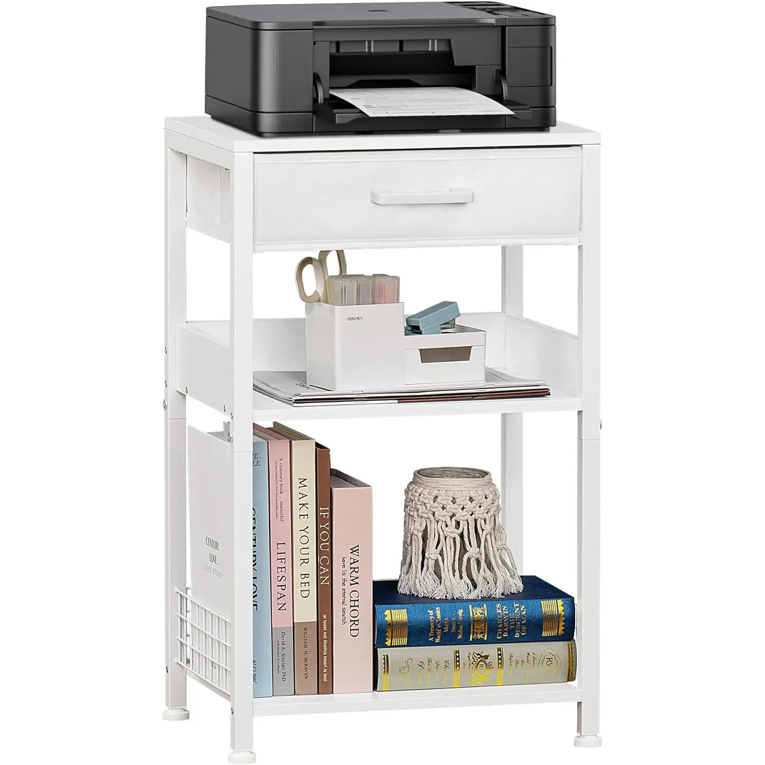 White Industrial Printer Stand with Synthetic Fabric Drawers, 3-Tier Tabletop Office Furniture - 11.81"d x 15.75"w x 25.79"h Adjustable Storage Shelf, Multi-Functional Holder for Fax Machine, Scanner