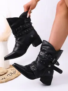 Women's Western Cowboy Ankle Boots, Multi-Buckle Rivet Lazy Mid-Heel, Fall & Winter Alligator Pattern Retro Short Boots