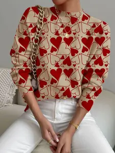 Women's Stylish Heart Print Sweater with High Neck, Fitted Long Sleeve Design for All Seasons, Cozy and Versatile Knitwear, Elegant