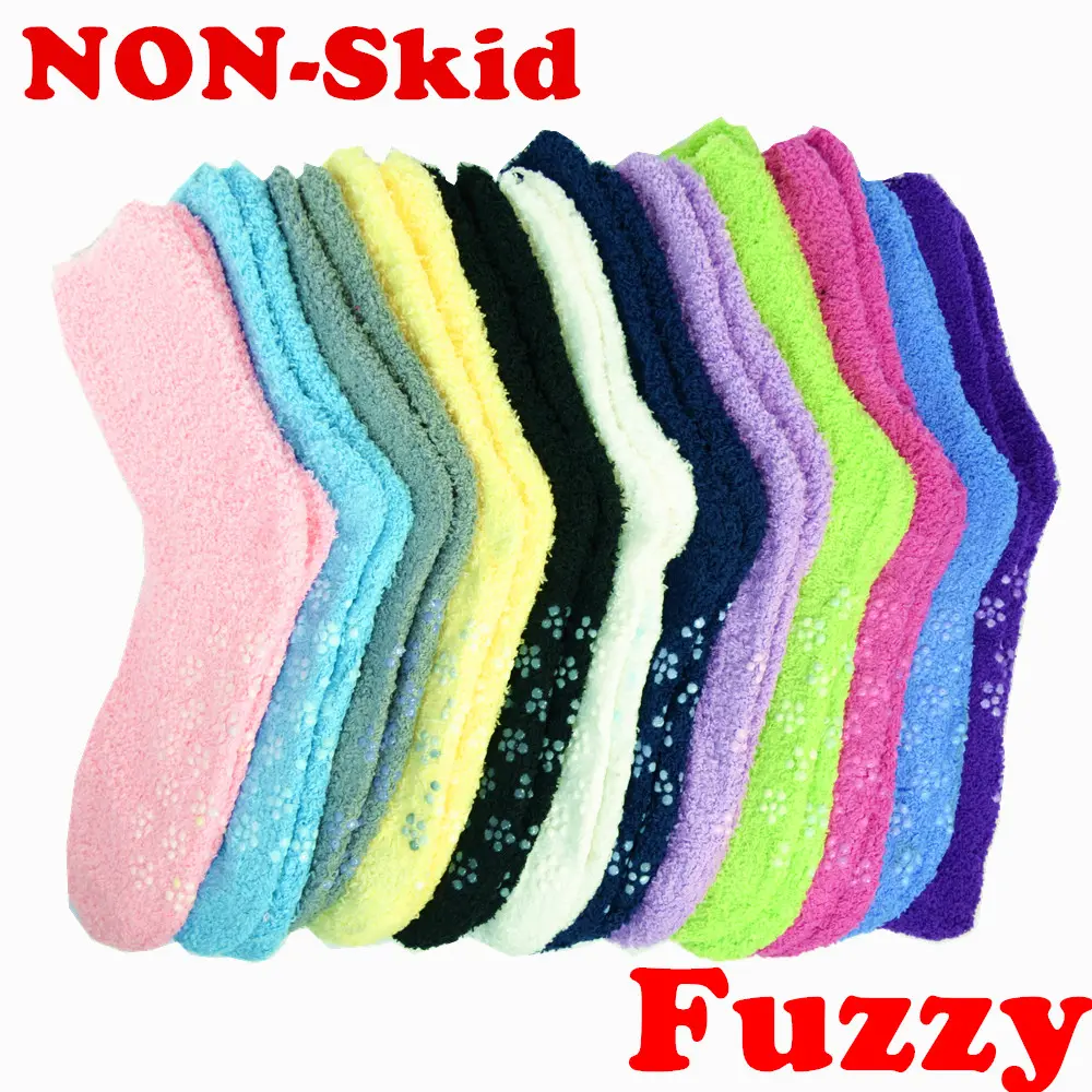 For Women 6 Pairs Soft Winter Non-Skid Cozy Fuzzy Solid Slipper Socks 9-11