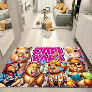 Cartoon Kapibala Happy Life pattern rugs carpet,suitable for entryways, porches, game rooms, living rooms, bedrooms, garages, music rooms, bars, and game rooms.