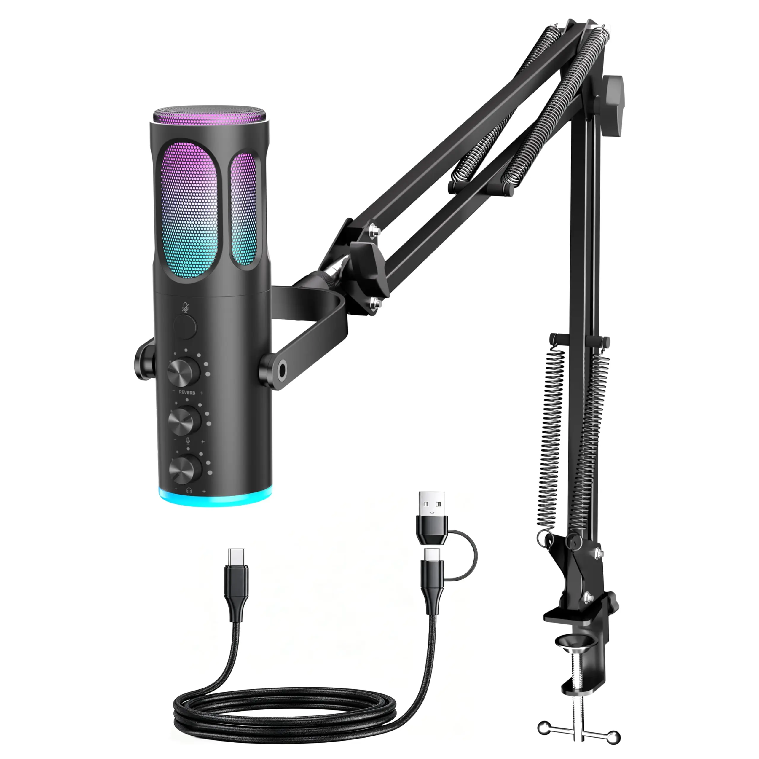 RGB Podcast & Gaming Mic Kit – USB Condenser with Noise Reduction, Arm Stand, Plug & Play for PC/PS5